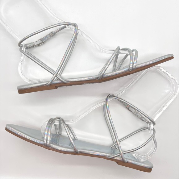 CAPE ROBBIN Shoes Womens 9 Silver Bibi Holographic Ankle Strap Flat Point Sandal - Picture 6 of 10